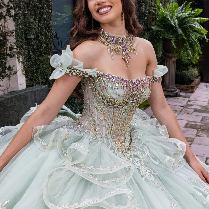 Mint Green Quinceanera Dress off-shoulder Crystal Butterfly Decal Long tail Layering Bow vestidos de 15 Quinceanera Customize
Mint Green Quinceanera Dress off-shoulder Crystal Butterfly Decal Long tail Layering Bow vestidos de 15 Quinceanera Customize