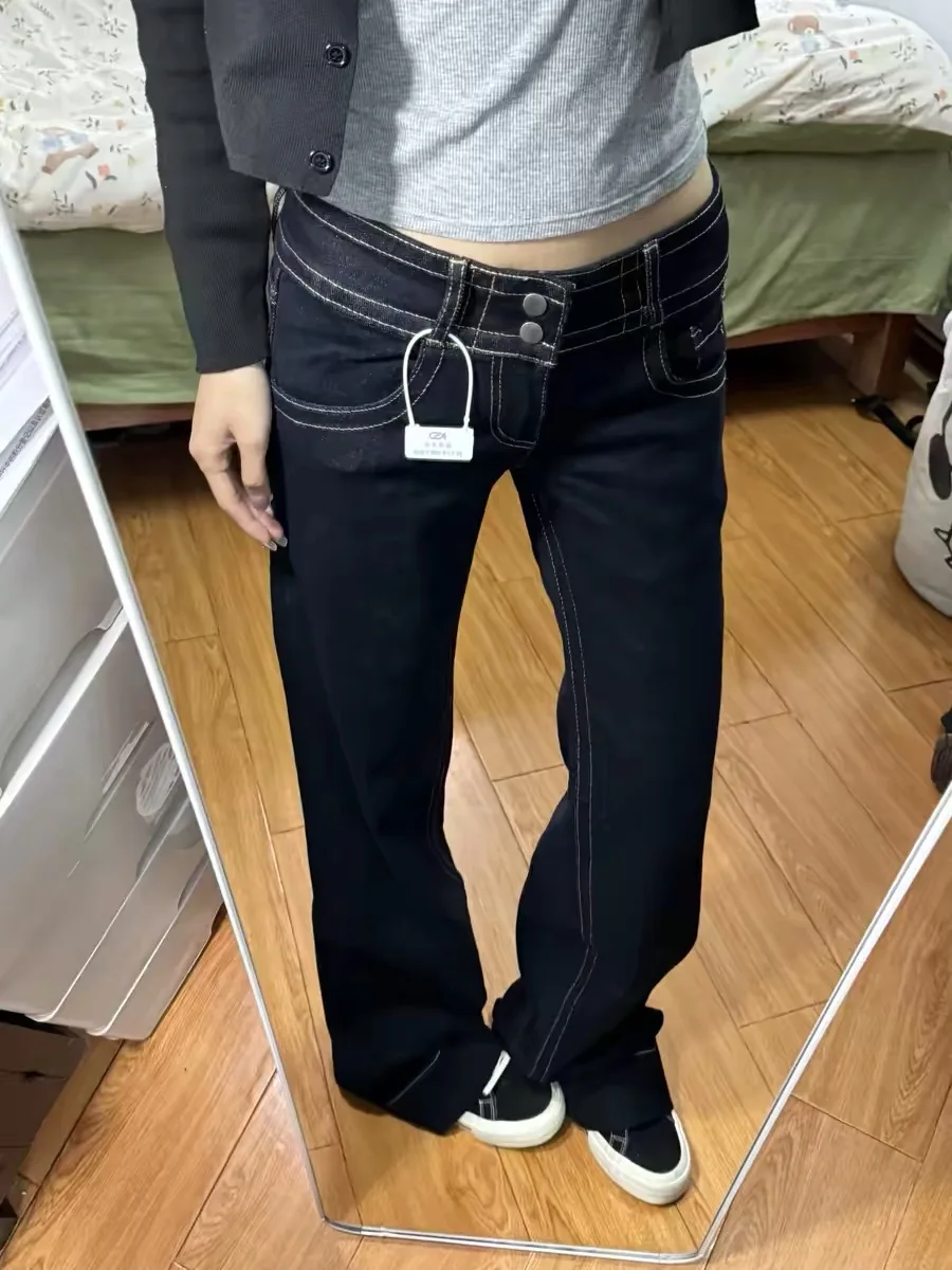 Retro Dark Wash Bell Bottom Denim Jeans Women's Low Waist Double Button Sexy Slimming Floor Length Pants Casual Wide Leg
Retro Dark Wash Bell Bottom Denim Jeans Women's Low Waist Double Button Sexy Slimming Floor Length Pants Casual Wide Leg