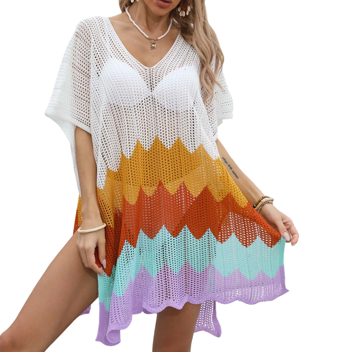 Женское пляжное платье-туника с волнистыми блоками в стиле пэчворк, сексуальный ажурный купальник, бикини, свободный купальник с V-образным вырезом и разрезом
Женское пляжное платье-туника с волнистыми блоками в стиле пэчворк, сексуальный ажурный купальник, бикини, свободный купальник с V-образным вырезом и разрезом