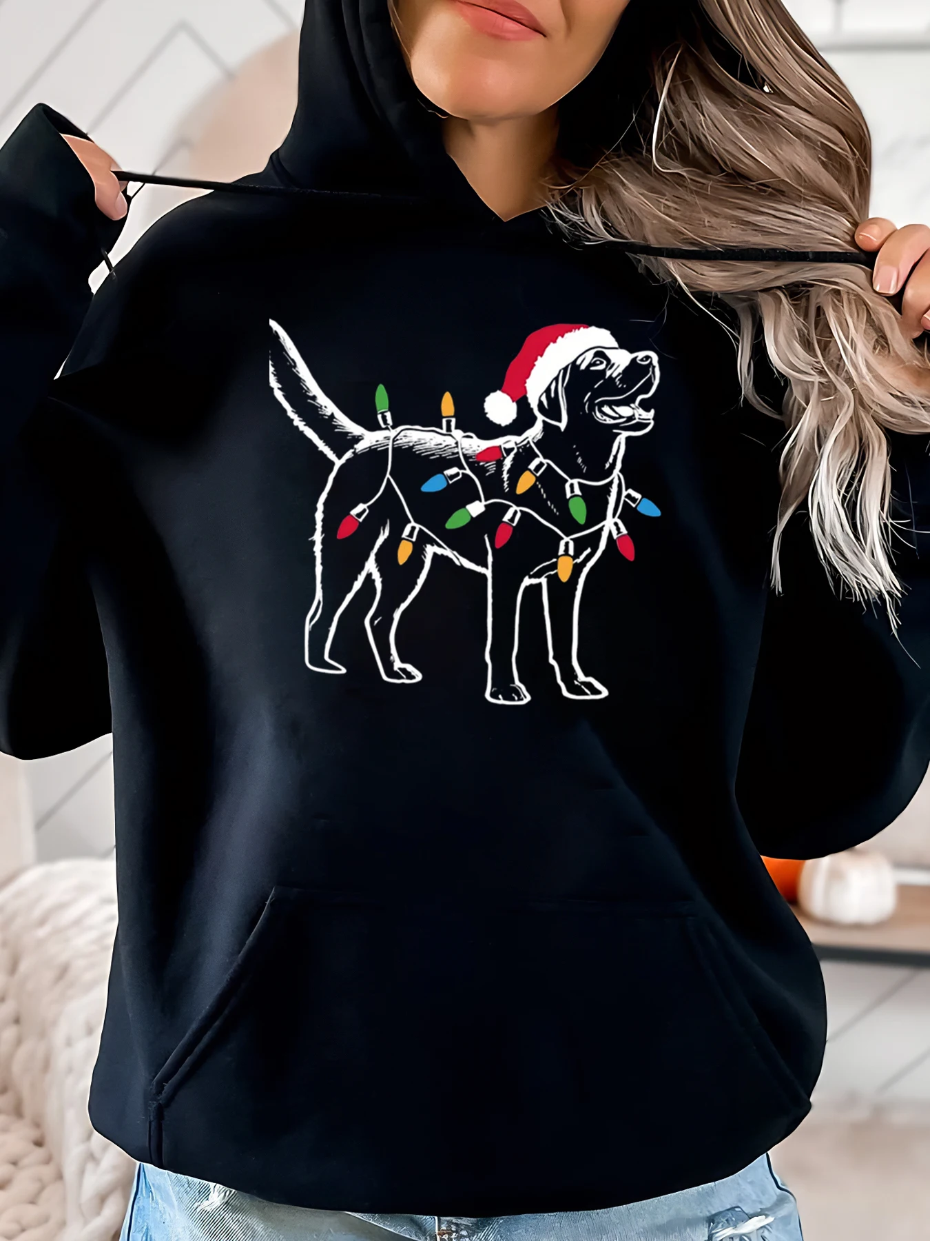 Dog with Christmas Lights Santa Hat Print Holiday Hoodie Women Casual Winter Outfit Black Plus-Size
Dog with Christmas Lights Santa Hat Print Holiday Hoodie Women Casual Winter Outfit Black Plus-Size