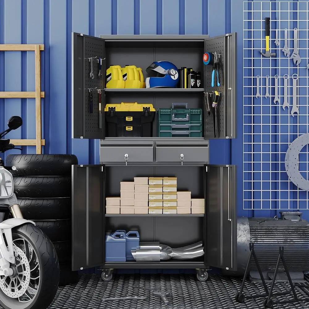 71 Tall Rolling Metal Storage Cabinet with Pegboard & 2 Drawers for Garage, Home, Black, Assembly Required
71 Tall Rolling Metal Storage Cabinet with Pegboard & 2 Drawers for Garage, Home, Black, Assembly Required