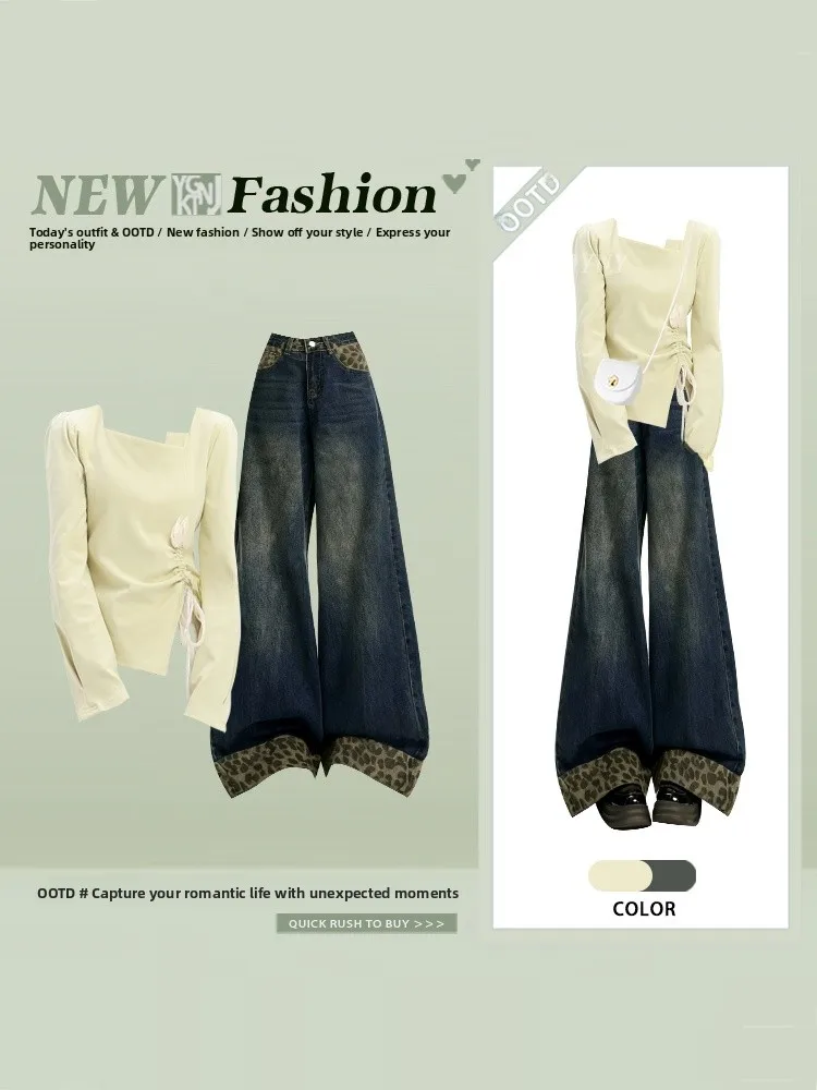 Korean Style Gentle Irregular Square Collar Pleated T-Shirt Top Spring Sexy Leopard Print Denim Pants Set Women's Fashion
Korean Style Gentle Irregular Square Collar Pleated T-Shirt Top Spring Sexy Leopard Print Denim Pants Set Women's Fashion
