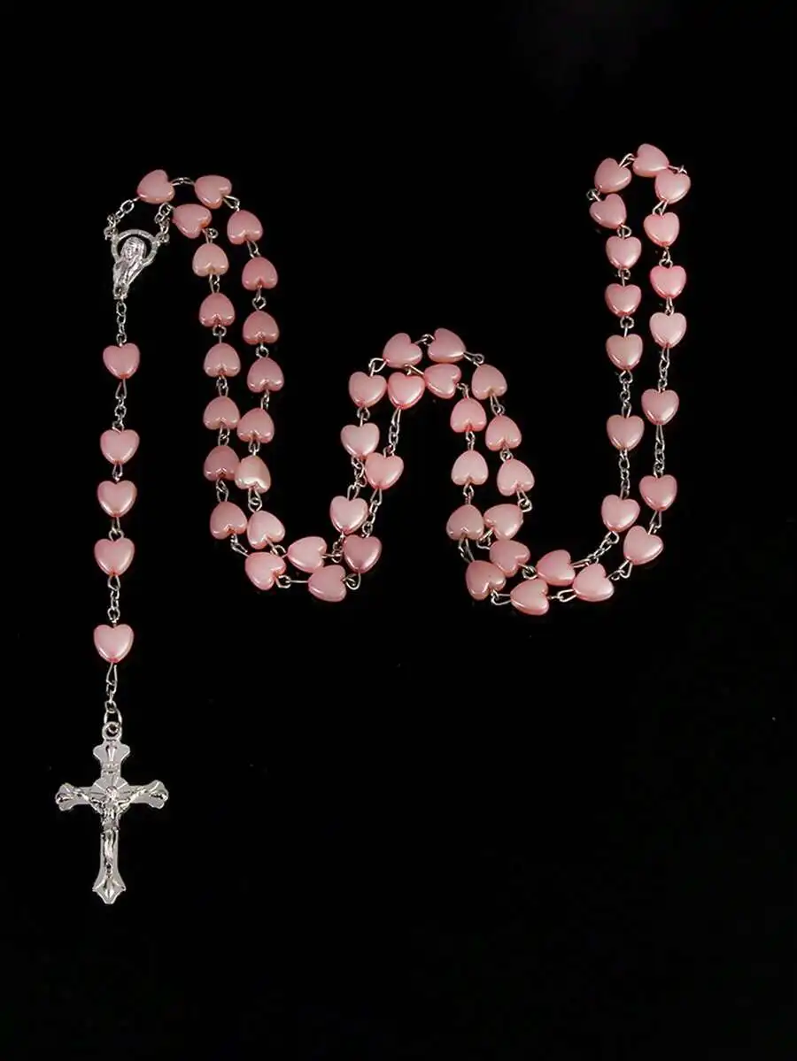 Pink Heart Beaded Rosary Necklace With Cross Pendant Long Sweater Chain For Women
Pink Heart Beaded Rosary Necklace With Cross Pendant Long Sweater Chain For Women