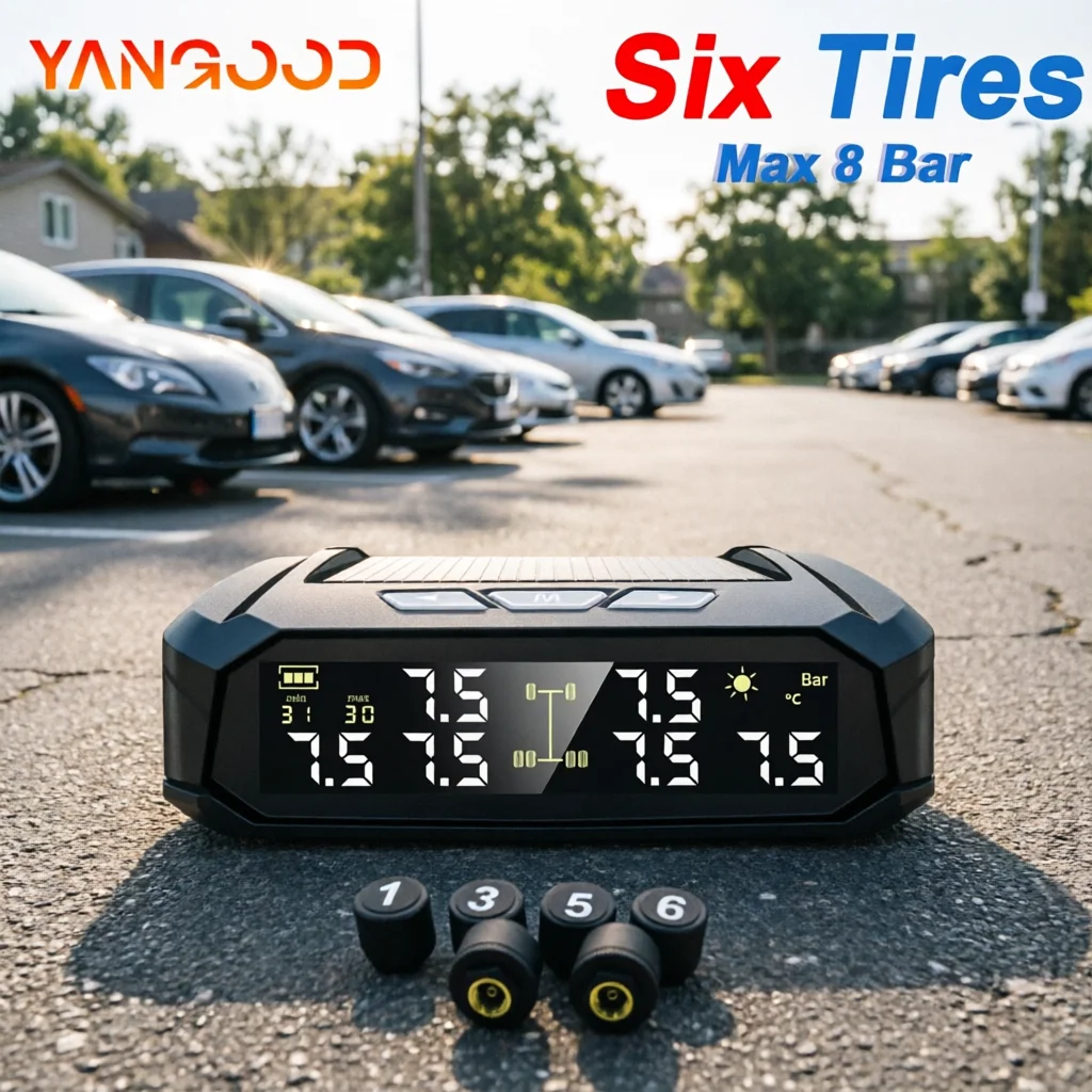 YANGOOD Solar-Powered TPMS for 6 Tires Real-Time External Sensors Universal for Truck RV Car Alarm Wireless Digital Display
YANGOOD Solar-Powered TPMS for 6 Tires Real-Time External Sensors Universal for Truck RV Car Alarm Wireless Digital Display