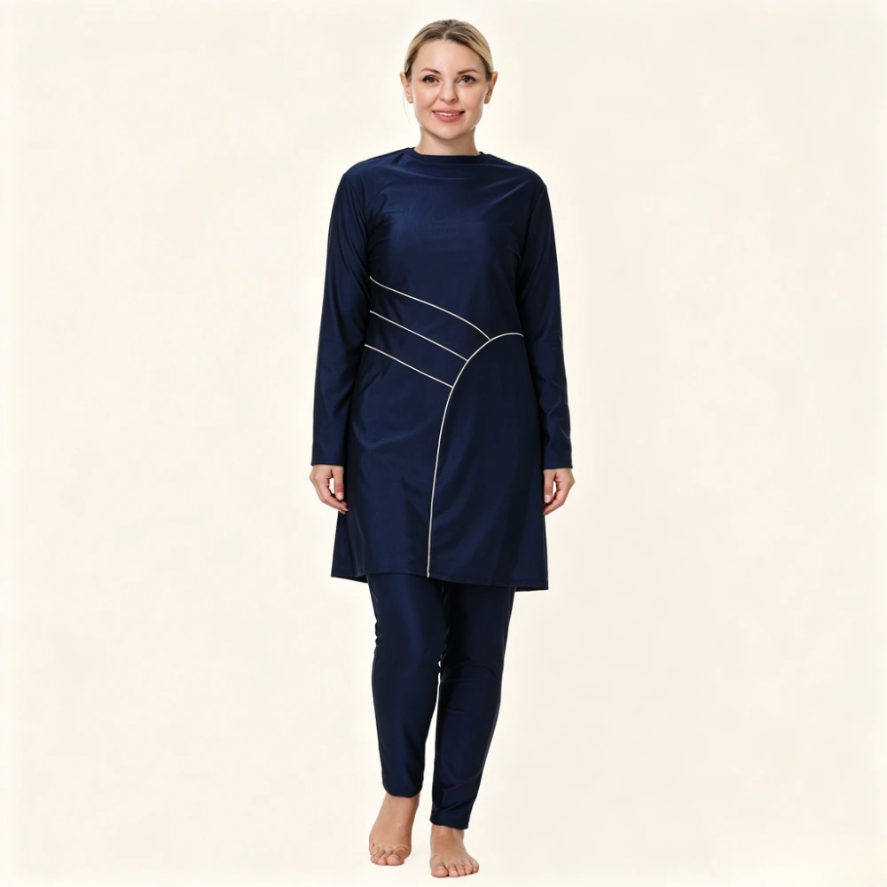Plus Size 2PCS Geometric Line Burkini Swimwear Long Sleeve Tunic Top Full Length Pants Full Coverage Muslim Navy Bathing Suit
Plus Size 2PCS Geometric Line Burkini Swimwear Long Sleeve Tunic Top Full Length Pants Full Coverage Muslim Navy Bathing Suit