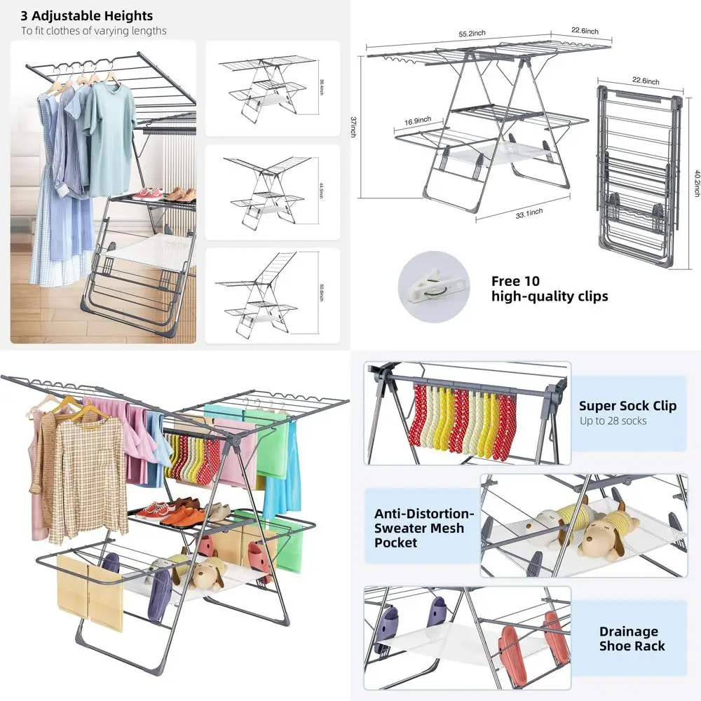 Collapsible 2-Level Stainless Steel Laundry Drying Rack, Indoor/Outdoor Use, Adjustable Wings, 33 Rails, Gray
