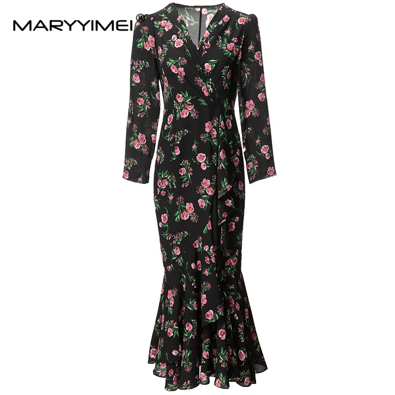 MARYYIMEI Fashion Designer Women's 2024 Spring New Sexy V-Neck Wrist Sleeved Printed Hip Wrap Fishtail Vintage Black Dress
MARYYIMEI Fashion Designer Women's 2024 Spring New Sexy V-Neck Wrist Sleeved Printed Hip Wrap Fishtail Vintage Black Dress