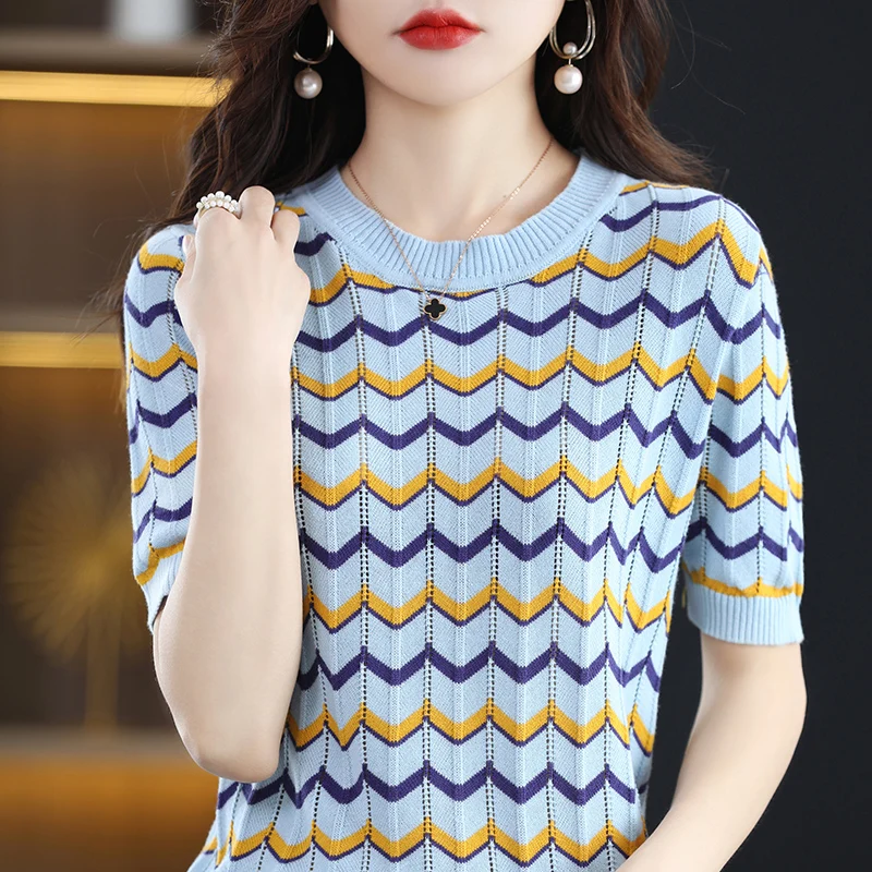 Cotton Knitted Short Sleeve Women's 2025 Summer T-shirt Round Neck Soft Glutinous Hollow Sweater Top Fashionable
Cotton Knitted Short Sleeve Women's 2025 Summer T-shirt Round Neck Soft Glutinous Hollow Sweater Top Fashionable