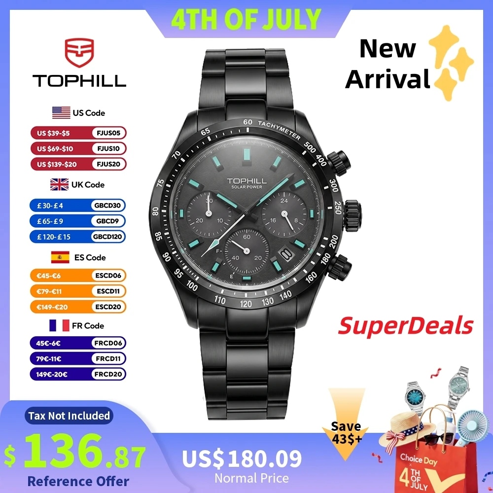 TOPHILL 42mm VR42B Solar-Powered Chronograph Quartz Watch For Men 4.5H Date Window Sapphire C3 Green Luminous 5Bar TL029G
TOPHILL 42mm VR42B Solar-Powered Chronograph Quartz Watch For Men 4.5H Date Window Sapphire C3 Green Luminous 5Bar TL029G