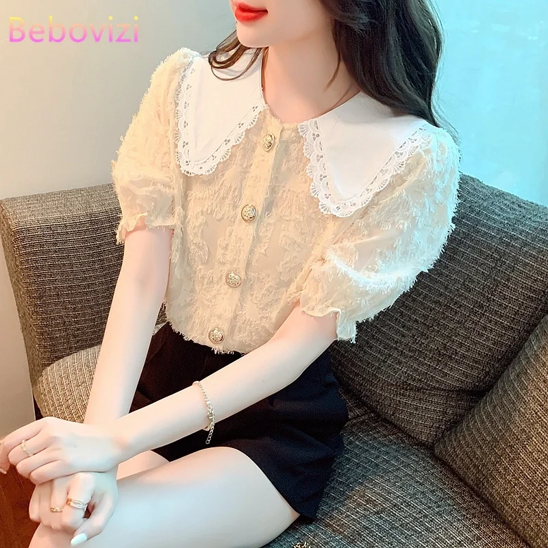 Модная Новая женская блузка с кукольным воротником, Летняя Повседневная шифоновая рубашка с коротким рукавом
Модная Новая женская блузка с кукольным воротником, Летняя Повседневная шифоновая рубашка с коротким рукавом