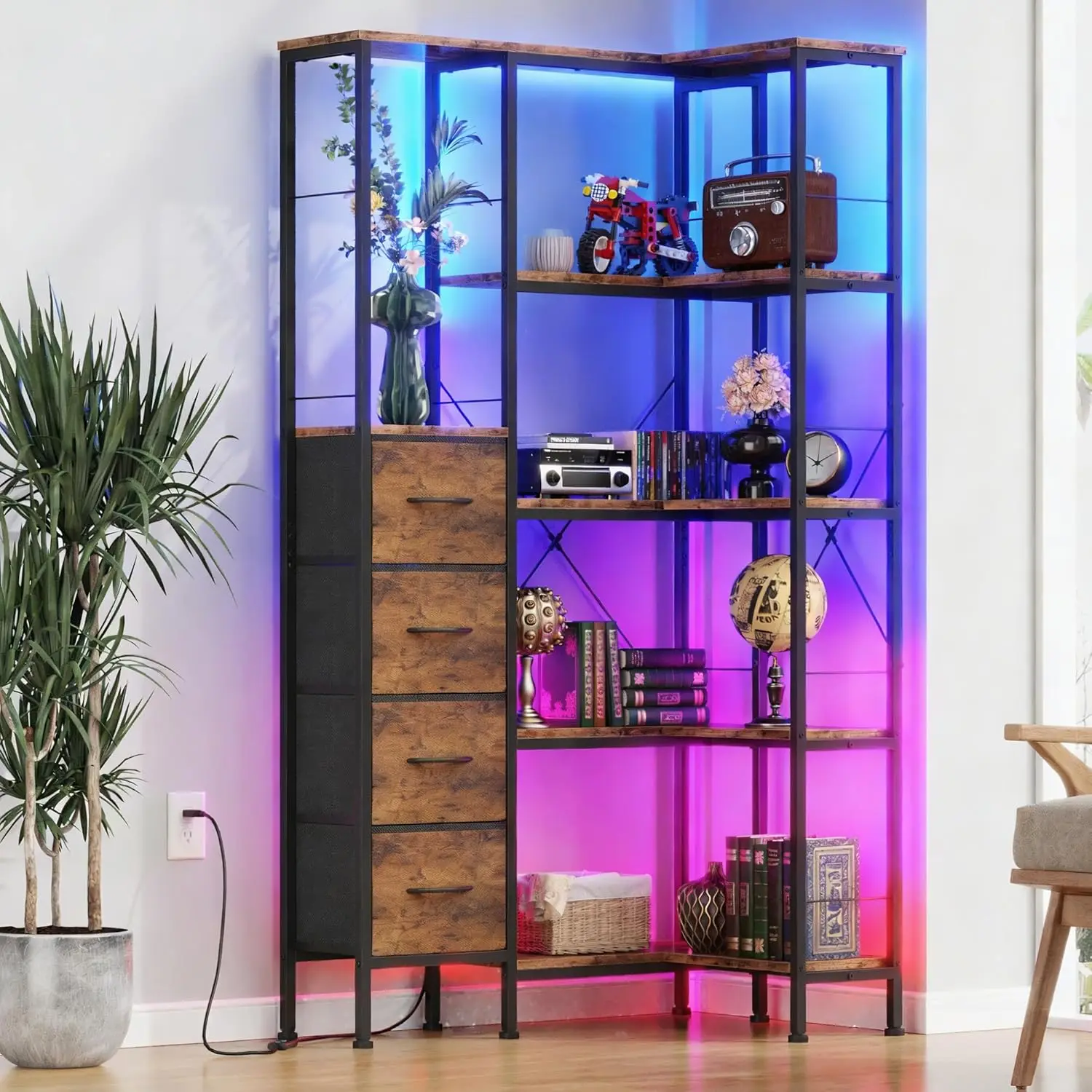 Corner Bookshelf with LED Light Strips & 4 Fabric Drawers, 5-Tier Convertible Corner Shelf with
Corner Bookshelf with LED Light Strips & 4 Fabric Drawers, 5-Tier Convertible Corner Shelf with