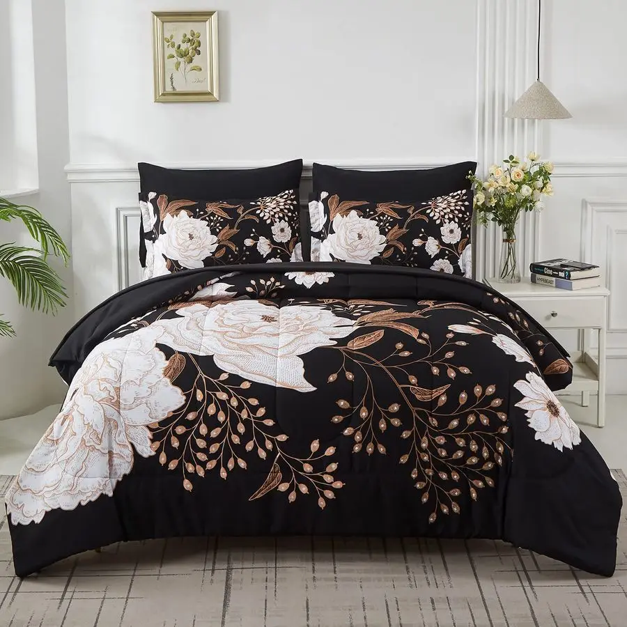 7 Piece Bed in a Bag King Size Comforter Set Botanical Floral Bedding Set,White Flower Leaves Printed on Black Reversible Design
7 Piece Bed in a Bag King Size Comforter Set Botanical Floral Bedding Set,White Flower Leaves Printed on Black Reversible Design