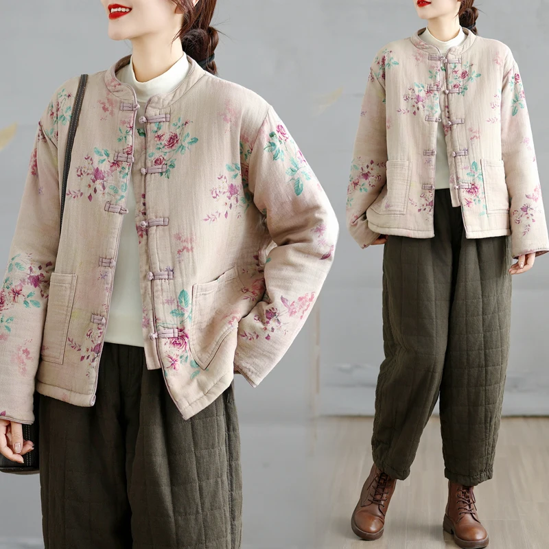 New Chinese Sle Artistic Print Stand Collar Button Cotton Jaet Women's Winter Faion Quilted Warm Versatile Outerwear Top
New Chinese Sle Artistic Print Stand Collar Button Cotton Jaet Women's Winter Faion Quilted Warm Versatile Outerwear Top