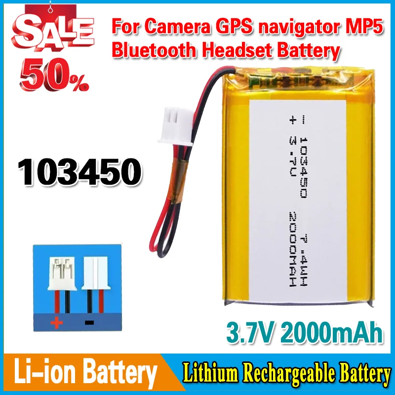 103450 3.7V 2000mAh Polymer Lithium Rechargeable Battery jst PH 2.0mm 2pin plug for Camera GPS navigator MP5 Bluetooth Headset
103450 3.7V 2000mAh Polymer Lithium Rechargeable Battery jst PH 2.0mm 2pin plug for Camera GPS navigator MP5 Bluetooth Headset