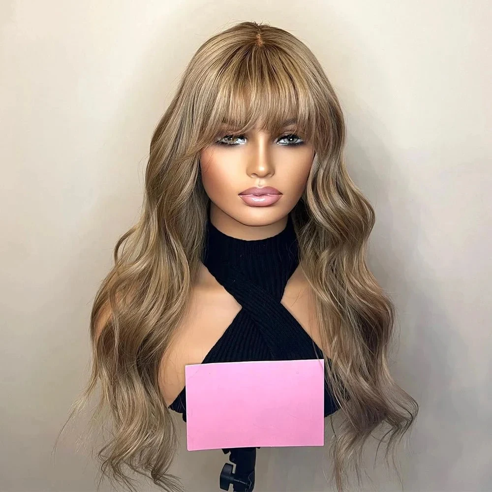 Woman Wigs Ombre Brown with Blonde Streaks Highlights Synthetic HD Lace Front Wig with Bangs 28 Inches Soft Body Wave Wig Party
Woman Wigs Ombre Brown with Blonde Streaks Highlights Synthetic HD Lace Front Wig with Bangs 28 Inches Soft Body Wave Wig Party