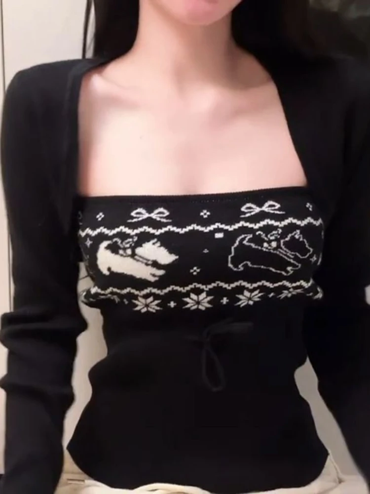 Y2k Aesthetic Two Pieces Set Knitted Women Cropped Cardigan + Cartoon Jacquard Strapless Vest Spring Vintage Grunge Spring Suit
Y2k Aesthetic Two Pieces Set Knitted Women Cropped Cardigan + Cartoon Jacquard Strapless Vest Spring Vintage Grunge Spring Suit