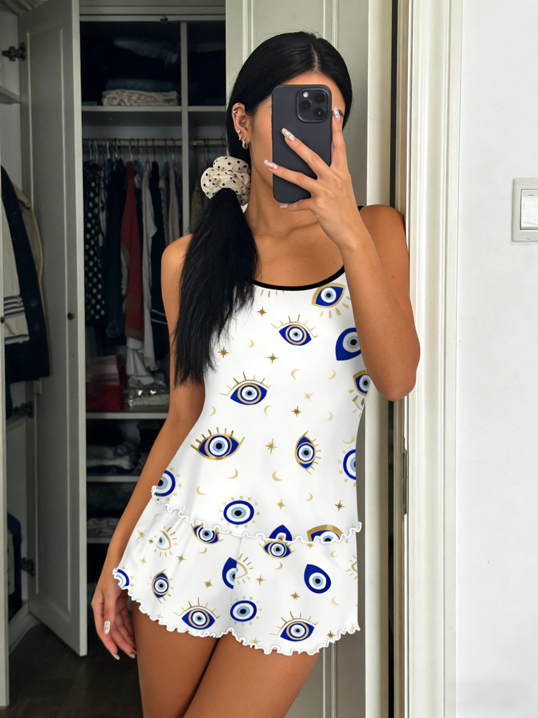 Women Spaghetti Strap Pajama Set Ruffle Trim Round Neck Sleeveless Cami & Shorts Spring Summer Fall Mystical Evil Eye Print
Women Spaghetti Strap Pajama Set Ruffle Trim Round Neck Sleeveless Cami & Shorts Spring Summer Fall Mystical Evil Eye Print