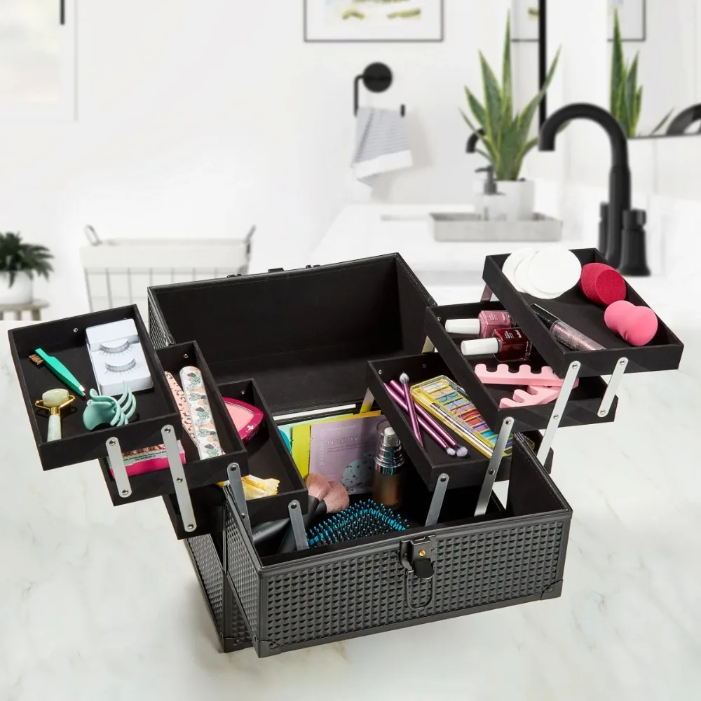 Large Makeup Train Case Cosmetics Organizer, Matte Black, 6 Trays, 8.6" X 11.8" X 9.4"
Large Makeup Train Case Cosmetics Organizer, Matte Black, 6 Trays, 8.6" X 11.8" X 9.4"