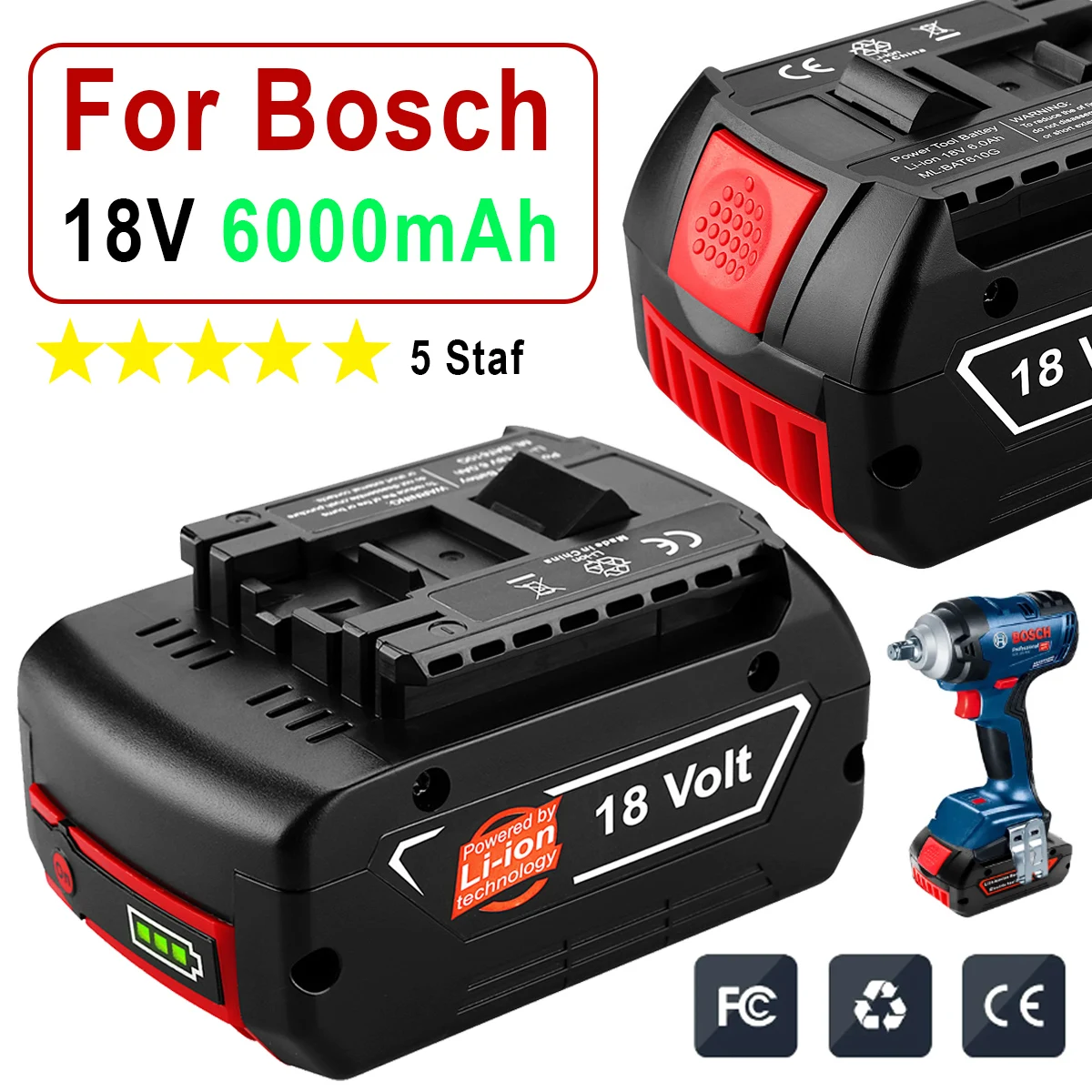18V 6000mAh for BOSCH BAT618 BAT618G BAT609 BAT609G BAT619 cordless electric hand tool Portable battery replacement
18V 6000mAh for BOSCH BAT618 BAT618G BAT609 BAT609G BAT619 cordless electric hand tool Portable battery replacement