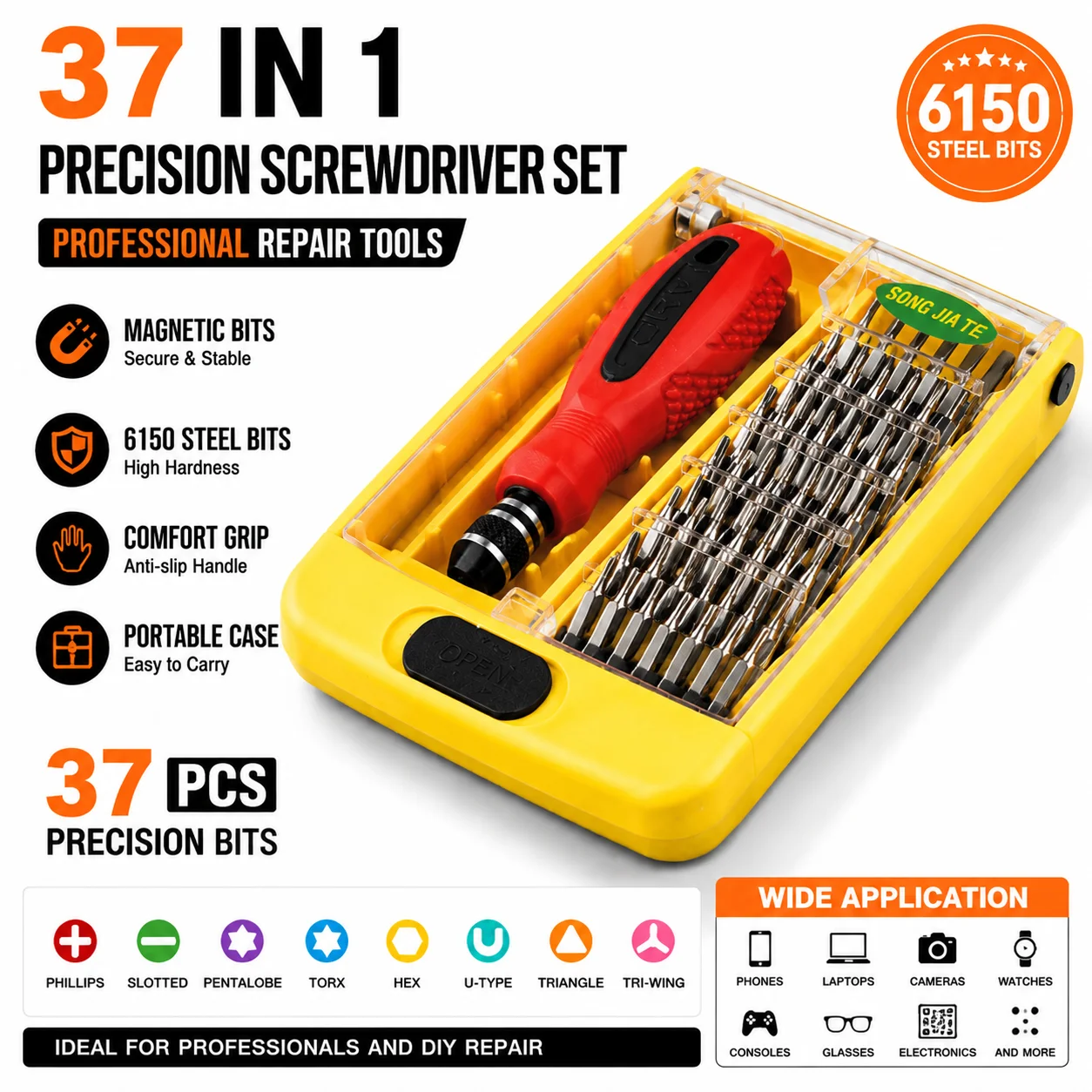 SONGJIATE 37 in 1 Precision Screwdriver Set Magnetic Torx Slotted Repair Tool Kit 6150 Steel Bits for Phone Laptop Electronics
SONGJIATE 37 in 1 Precision Screwdriver Set Magnetic Torx Slotted Repair Tool Kit 6150 Steel Bits for Phone Laptop Electronics