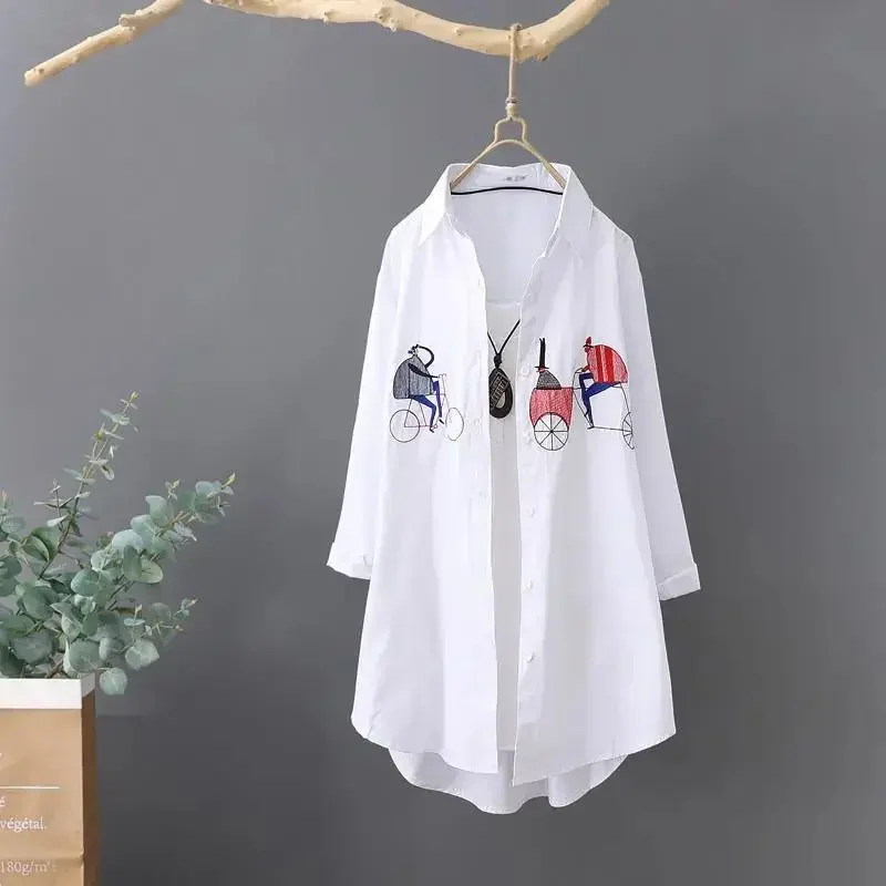 DAYIFUN-White Lapel Shirts Sweet Embroidered Pattern Design Blouses Loose Mid Length Lady Bottom Tops Spring New Blusas 2024
DAYIFUN-White Lapel Shirts Sweet Embroidered Pattern Design Blouses Loose Mid Length Lady Bottom Tops Spring New Blusas 2024