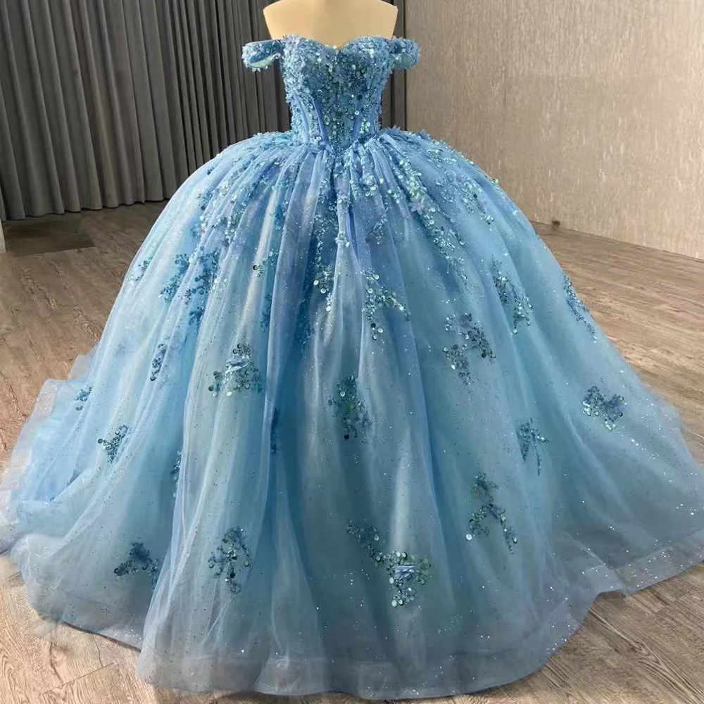 Vestidos De 15 Off Shoulder Sweetheart Appliques Sequined Lace Up Back Blue Luxury Long Dress For Special Occasions
Vestidos De 15 Off Shoulder Sweetheart Appliques Sequined Lace Up Back Blue Luxury Long Dress For Special Occasions