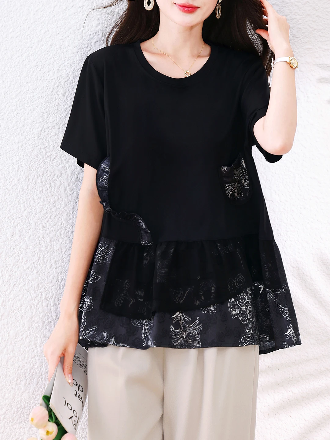 Slimming Large Size Short Sleeve Shirt Women's Fashionable Elegant Meat Concealing Summer Top round Neck Regular Length
Slimming Large Size Short Sleeve Shirt Women's Fashionable Elegant Meat Concealing Summer Top round Neck Regular Length