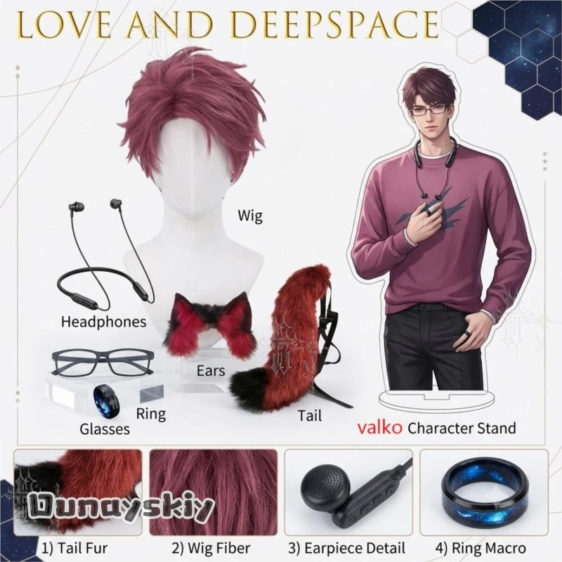 Valko Complete Cos Kit Love and Deepspace Includes Wolf Ear ail Synthetic Wig Eyeglasses Headset Metal Rings Cosplay Halloween
Valko Complete Cos Kit Love and Deepspace Includes Wolf Ear ail Synthetic Wig Eyeglasses Headset Metal Rings Cosplay Halloween
