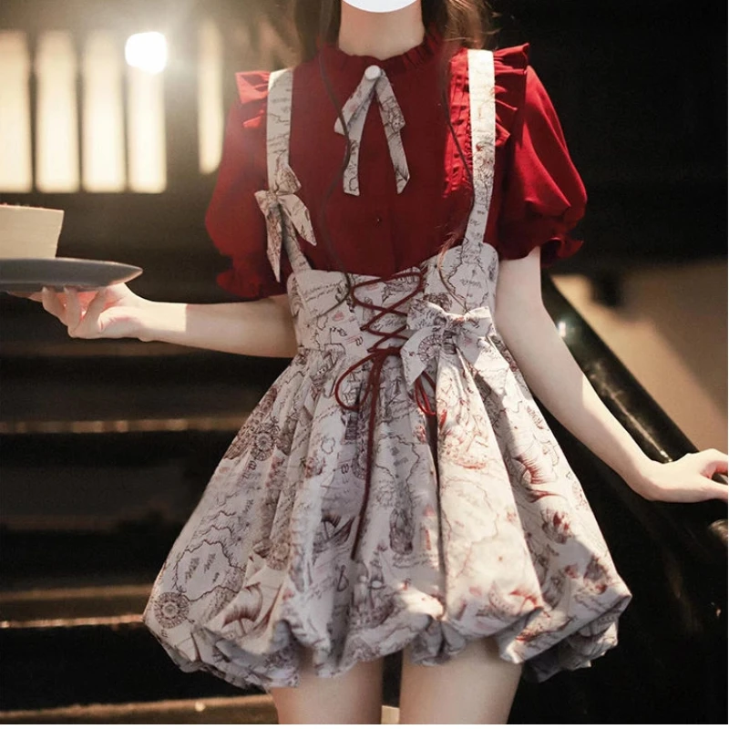 Summer Women Two Piece Set Red Puff Sleeve Blouse Vintage Floral Lace Up Skirt Sweet Lolita Style Cute Outfit for Girls 2025 New
Summer Women Two Piece Set Red Puff Sleeve Blouse Vintage Floral Lace Up Skirt Sweet Lolita Style Cute Outfit for Girls 2025 New