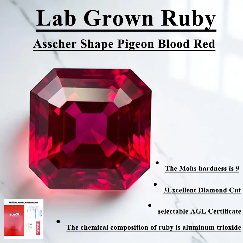 Lab Grown Ruby Asscher Square Shape Pigeon Blood Red VVS1 Gemstone for Selectable AGL Certificate for jewel making
Lab Grown Ruby Asscher Square Shape Pigeon Blood Red VVS1 Gemstone for Selectable AGL Certificate for jewel making