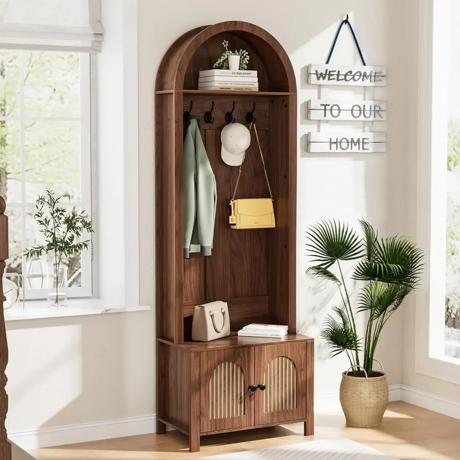 Hall Tree with Bench and Shoe Storage, Entryway Storage Bench with Coat Rack, 70.9"Arch Coat Rack with 4 Hooks and 2 Fluted Door
Hall Tree with Bench and Shoe Storage, Entryway Storage Bench with Coat Rack, 70.9"Arch Coat Rack with 4 Hooks and 2 Fluted Door