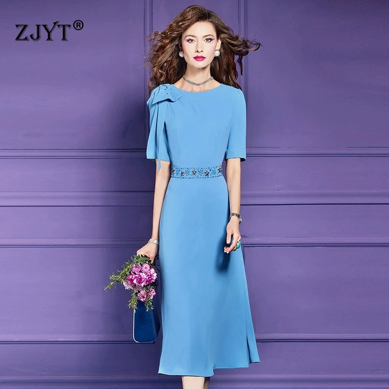 ZJYT Elegant Women's Blue Midi Party Dresses Summer Beading Short Sleeve Simple Bowknot Plus Size Dress Vestidos Ladies 2025 New
ZJYT Elegant Women's Blue Midi Party Dresses Summer Beading Short Sleeve Simple Bowknot Plus Size Dress Vestidos Ladies 2025 New