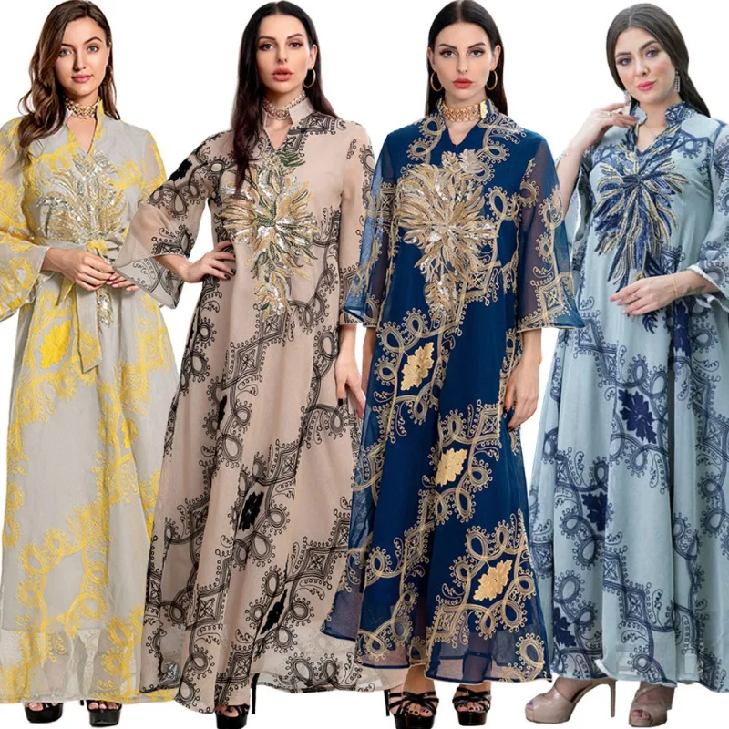 Модная женская одежда abaya в мусульманском этническом стиле, вечернее платье с блестками и сгоревшими цветами, платье с широким подолом
Модная женская одежда abaya в мусульманском этническом стиле, вечернее платье с блестками и сгоревшими цветами, платье с широким подолом