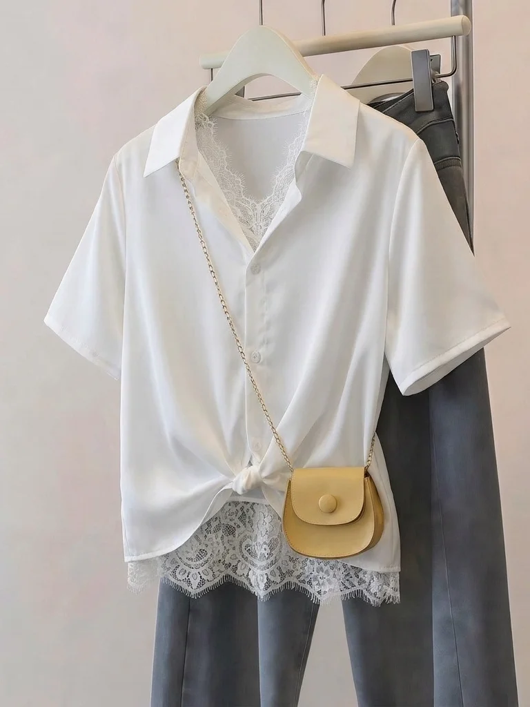 Lace Trim V-Neck Short Sleeve Acetate Satin Women's Shirt Summer New Style plus Size Korean Style Loose Fit Breathable Skin-F...
Lace Trim V-Neck Short Sleeve Acetate Satin Women's Shirt Summer New Style plus Size Korean Style Loose Fit Breathable Skin-F...