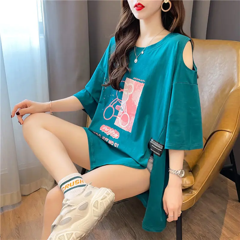 Off Shoulder Short Sleeve Printing Trend T Shirts Summer New Split Hem Printing Loose Tops Tees Casual Fashion Women Clothing
Off Shoulder Short Sleeve Printing Trend T Shirts Summer New Split Hem Printing Loose Tops Tees Casual Fashion Women Clothing