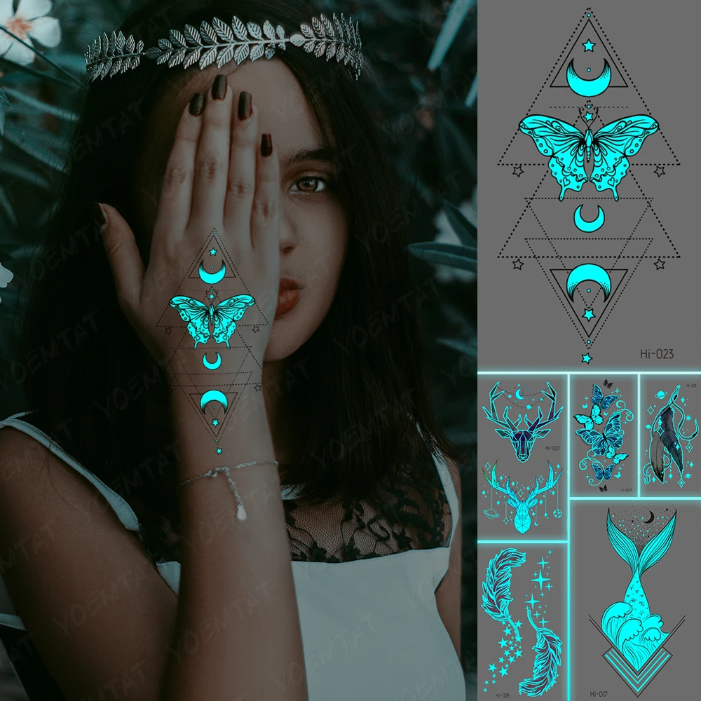 Blue Luminous Glow Waterproof Temporary Tattoo Sticker Butterfly Moon Linear Geometric Triangle Kids Flash Tattoos Body Art
Blue Luminous Glow Waterproof Temporary Tattoo Sticker Butterfly Moon Linear Geometric Triangle Kids Flash Tattoos Body Art