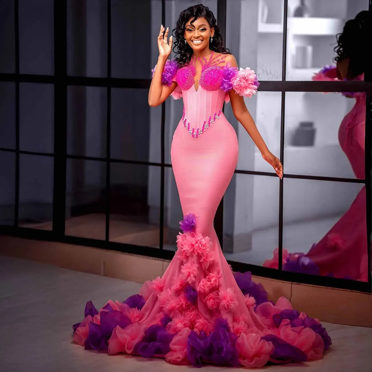 Colorful Ruffles Flower Mermaid Prom Dresses Sheer Neck Beaded Pink Evening Gowns African Sweep Train Formal Party Dress
Colorful Ruffles Flower Mermaid Prom Dresses Sheer Neck Beaded Pink Evening Gowns African Sweep Train Formal Party Dress