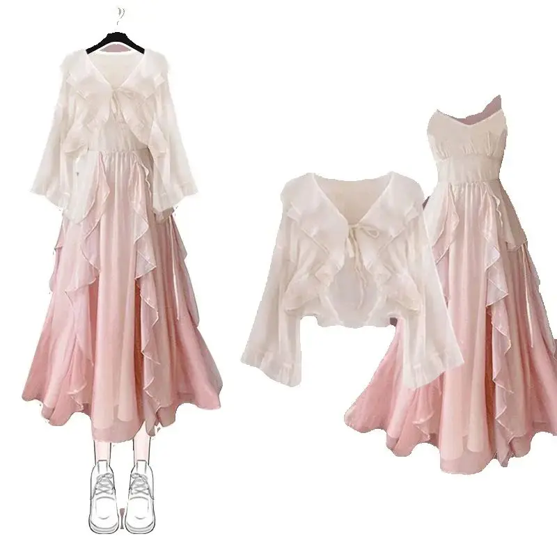 Women Elegant Two Piece Sets Spring Summer Sling Dress+long Sleeved Top Casual Suits
Women Elegant Two Piece Sets Spring Summer Sling Dress+long Sleeved Top Casual Suits