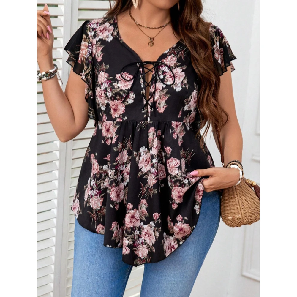 Plus Size Floral Printed Women’s Shirt Blouse Elegant Ruffle Sleeveless Lace-up V-Neck Female Summer Top Casual Vacation Blouses
Plus Size Floral Printed Women’s Shirt Blouse Elegant Ruffle Sleeveless Lace-up V-Neck Female Summer Top Casual Vacation Blouses