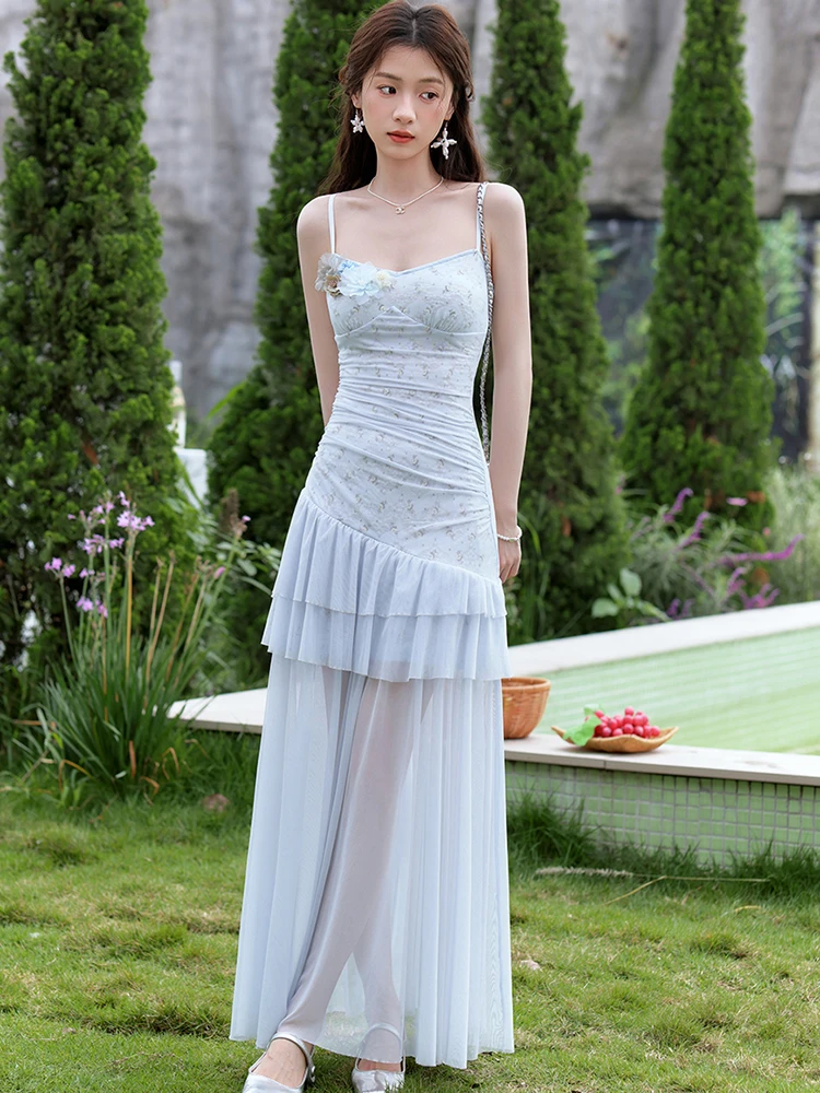 2026 Blue Mesh Floral Patchwork Sheer Ruffled Long Dress Summer Elegant Sling Dress Women Korean Fashion Bodycon Luxury Dresses
2026 Blue Mesh Floral Patchwork Sheer Ruffled Long Dress Summer Elegant Sling Dress Women Korean Fashion Bodycon Luxury Dresses