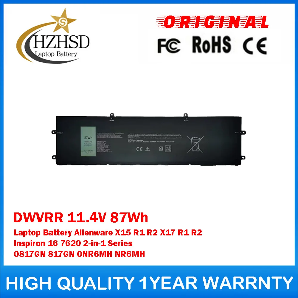 DWVRR 11.4V 87Wh Genuine Original Laptop Battery For DELL Alienware X15 R1 R2 X17 R1 Inspiron 16 7620 0817GN 817GN 0NR6MH NR6MH
DWVRR 11.4V 87Wh Genuine Original Laptop Battery For DELL Alienware X15 R1 R2 X17 R1 Inspiron 16 7620 0817GN 817GN 0NR6MH NR6MH