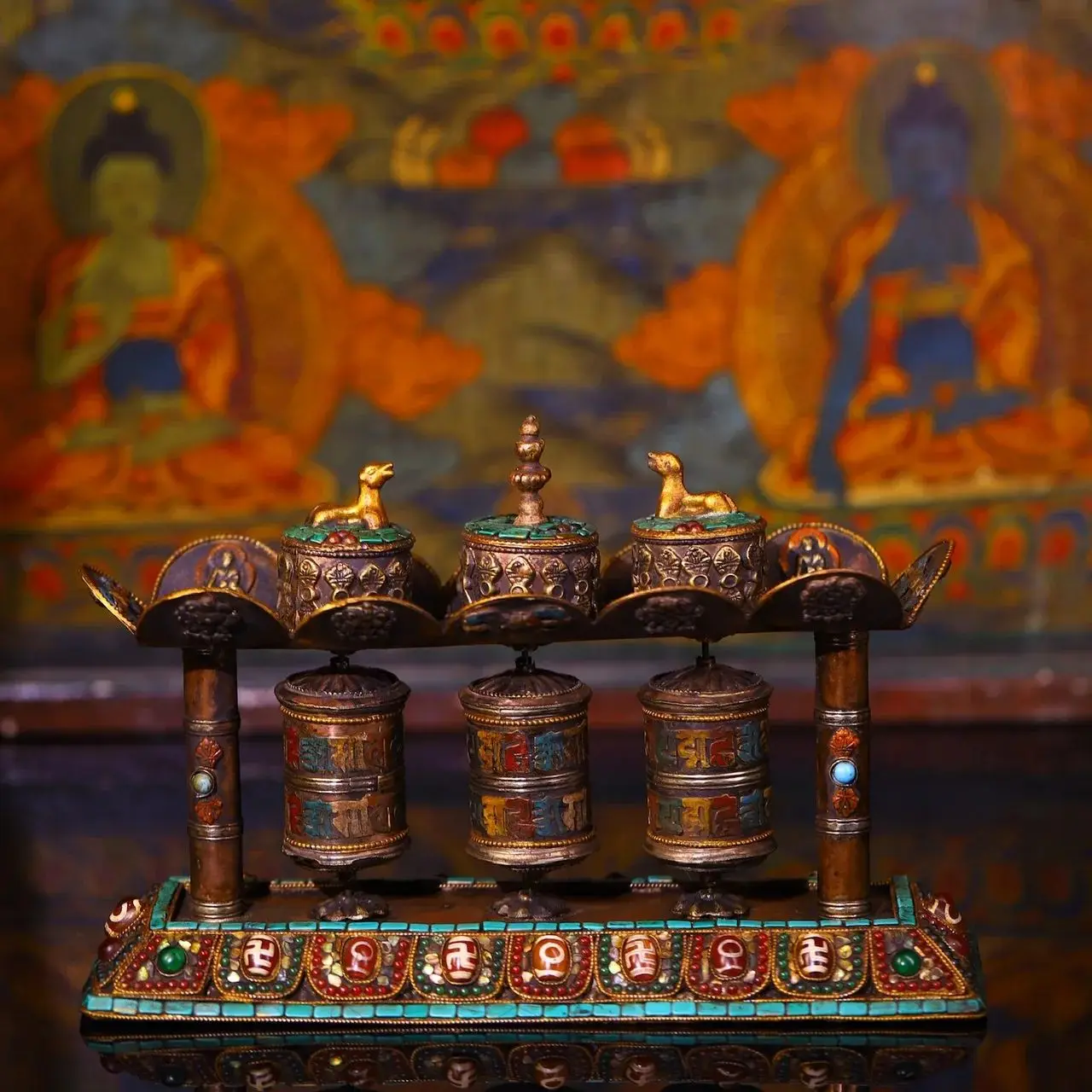 10"Tibetan Temple Collection Old Purple Bronze Painted Mosaic Gem gZi Beads Three Prayer Wheel Old Scriptures Worship Hall
10"Tibetan Temple Collection Old Purple Bronze Painted Mosaic Gem gZi Beads Three Prayer Wheel Old Scriptures Worship Hall