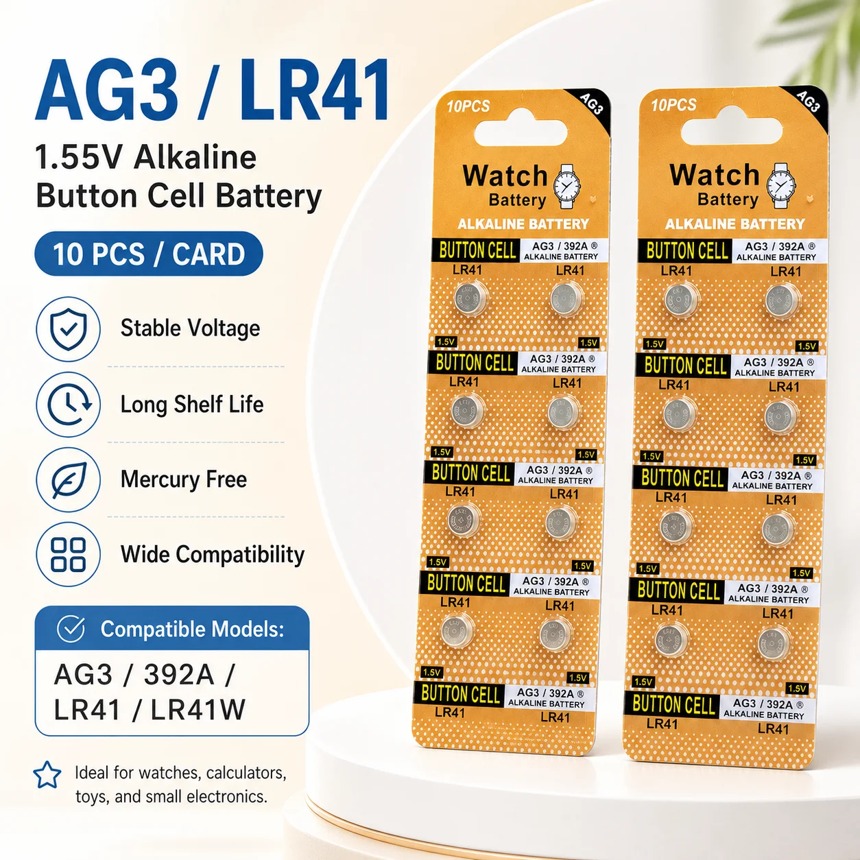 AG3 LR41 1.5V Button Cell Battery For Toys Quartz Watch Calculator Small Electronic Devices
AG3 LR41 1.5V Button Cell Battery For Toys Quartz Watch Calculator Small Electronic Devices
