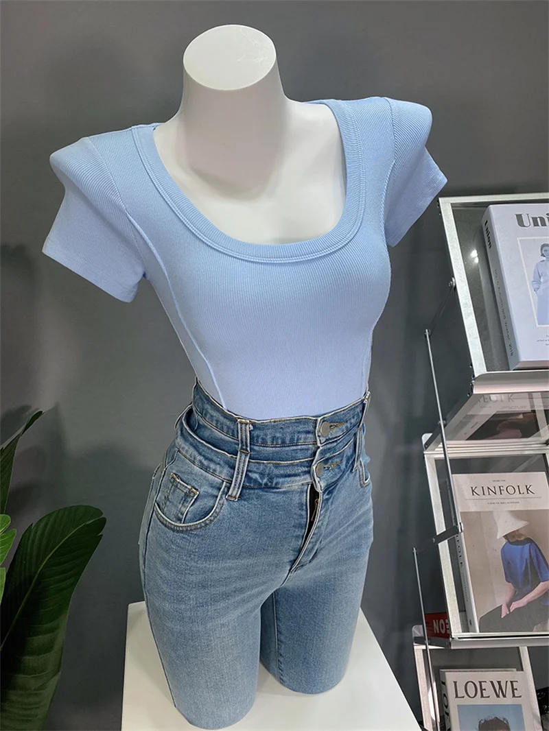 Slimming Effect Short Sleeve U-Neck T-Shirt Women's Fashionable Versatile Base Layer Top Korean Style Cotton Blend Summer Wear
Slimming Effect Short Sleeve U-Neck T-Shirt Women's Fashionable Versatile Base Layer Top Korean Style Cotton Blend Summer Wear