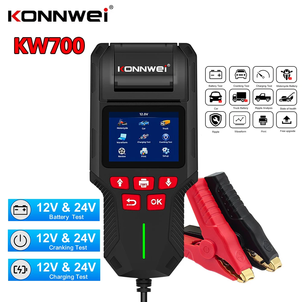 KONNWEI KW700 Car Truck Motorcycle Battery Tester with Printer 12V 24V 10-2000CCA Check Voltage CCA Internal Resistance SOC SOH
KONNWEI KW700 Car Truck Motorcycle Battery Tester with Printer 12V 24V 10-2000CCA Check Voltage CCA Internal Resistance SOC SOH