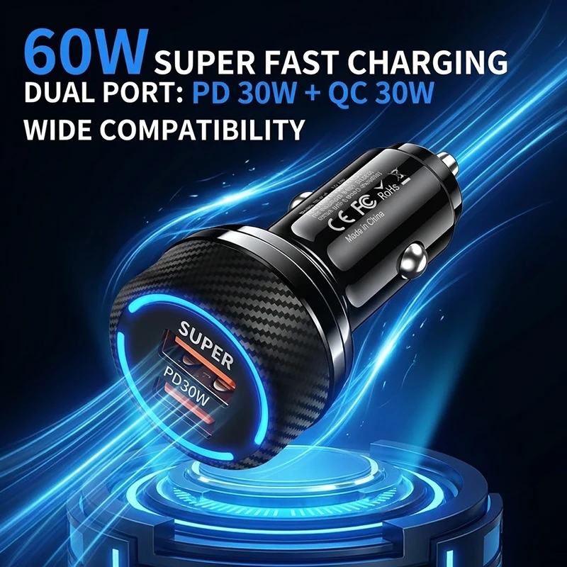Vehicle 60W Super Fast Car Charger PD30W Type C QC USB A Dual Port Adapter Blue LED Ring Intelligent Chip For Dash Camera
Vehicle 60W Super Fast Car Charger PD30W Type C QC USB A Dual Port Adapter Blue LED Ring Intelligent Chip For Dash Camera