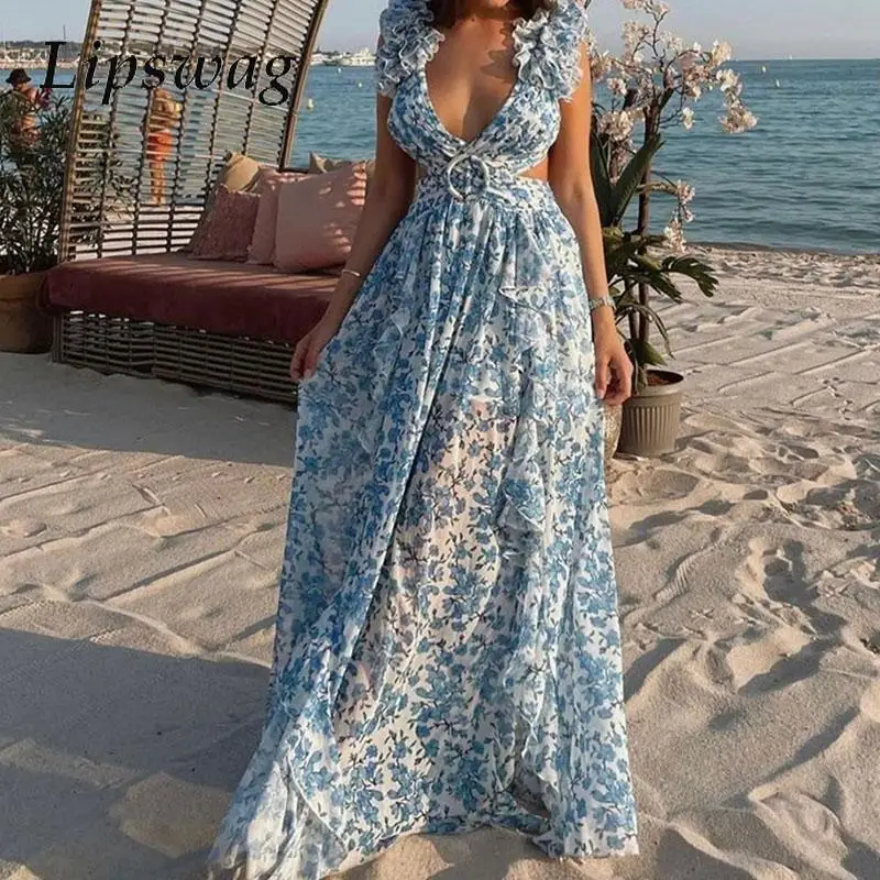 Sexy Tie-up Backless High Street Dress Elegant Floral Shoulder Deep V-neck Long Dress Temperament Waist Ruffle Party Dress Women
Sexy Tie-up Backless High Street Dress Elegant Floral Shoulder Deep V-neck Long Dress Temperament Waist Ruffle Party Dress Women