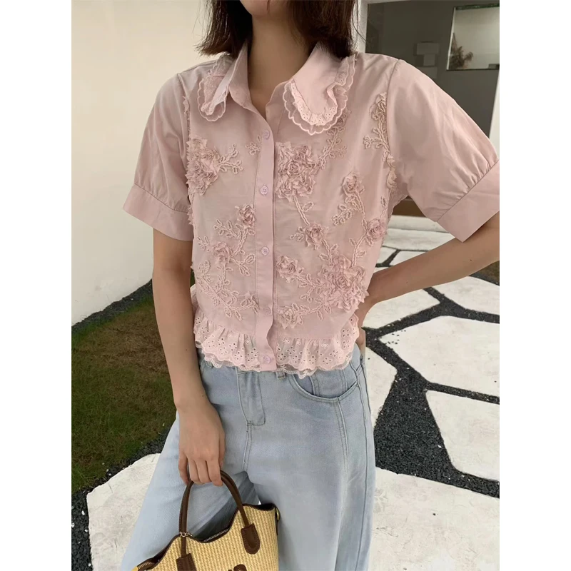 Korean Style Short Sleeve Embroidered Lace Hollow out Collar Shirt Women's Breathable Comfortable Floral Pattern Button up Top
Korean Style Short Sleeve Embroidered Lace Hollow out Collar Shirt Women's Breathable Comfortable Floral Pattern Button up Top