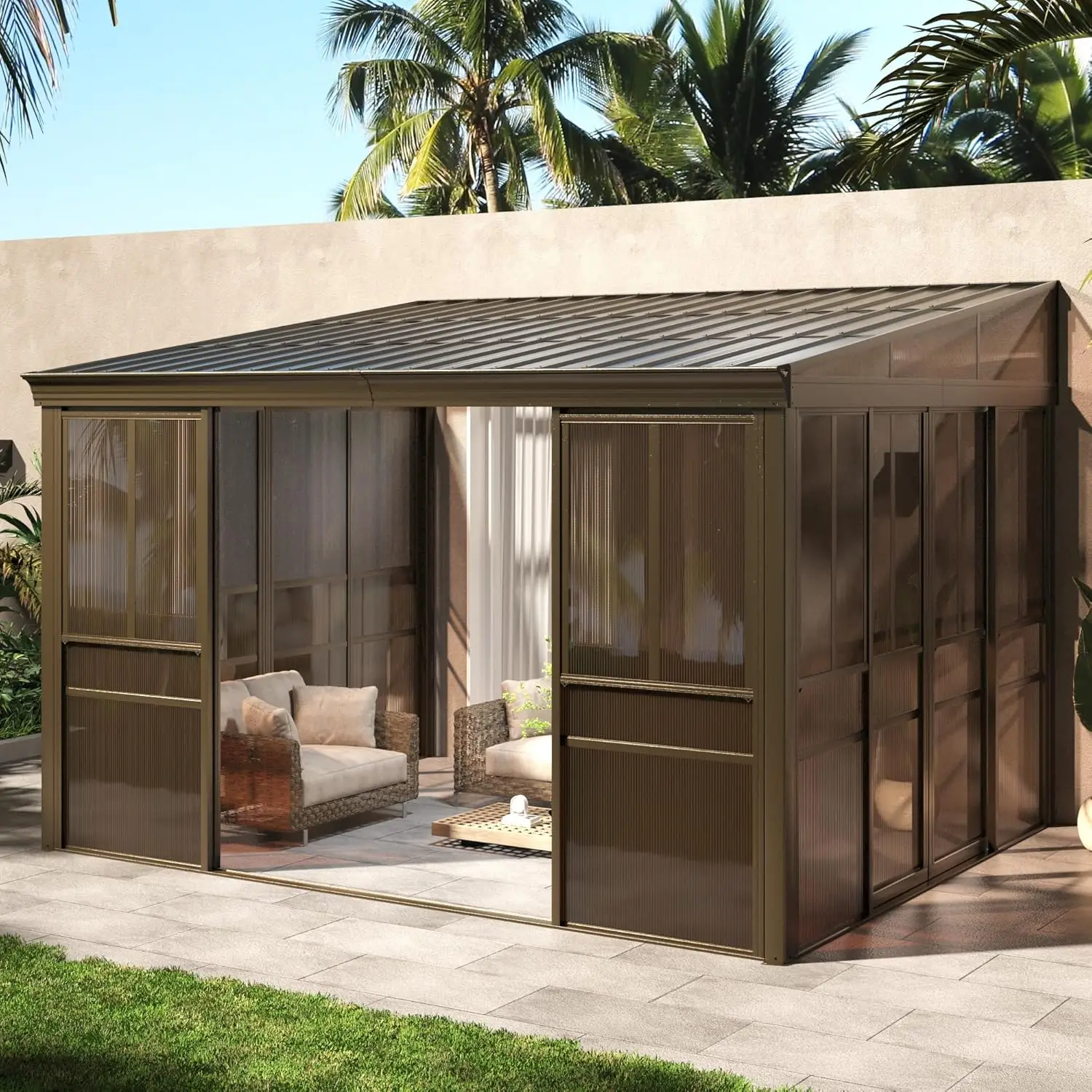 Настенная солнечная комната 10 x 12 футов со съемными 3-сторонними дверями и алюминиевой рамой, всепогодная солнечная комната с крышей из оцинкованной стали
Настенная солнечная комната 10 x 12 футов со съемными 3-сторонними дверями и алюминиевой рамой, всепогодная солнечная комната с крышей из оцинкованной стали