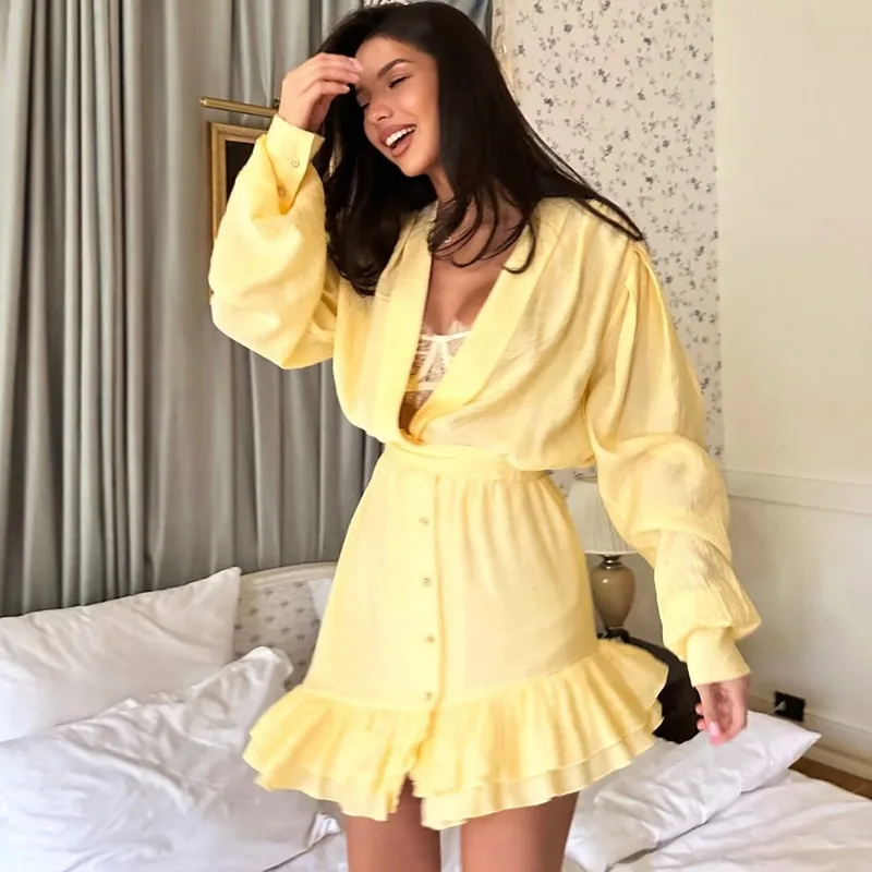 Talenza Ruffled Yellow Pleated Mini Dress Women's V Neck Metal Buckle Long Sleeve Summer Female Solid Beach Vacation Party Dress
Talenza Ruffled Yellow Pleated Mini Dress Women's V Neck Metal Buckle Long Sleeve Summer Female Solid Beach Vacation Party Dress